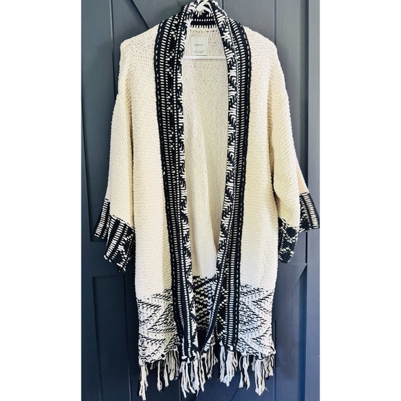 Zara Comfy Chunky Fringe Knit Oversized Cardigan Shabby Chic Bohemian Aztec Sz M - Picture 1 of 8